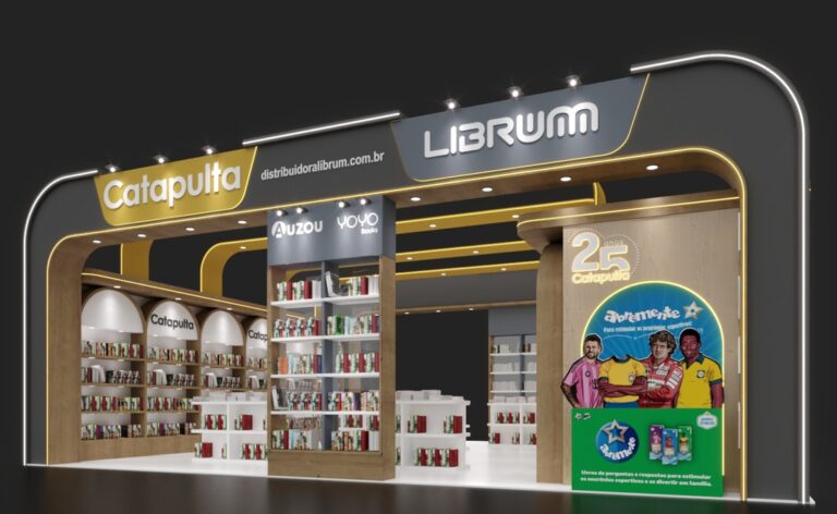 Estande da Librum na 28ª Bienal Internacional do Livro de São Paulo, com lançamentos e livros interativos da Catapulta para diferentes fases da infância