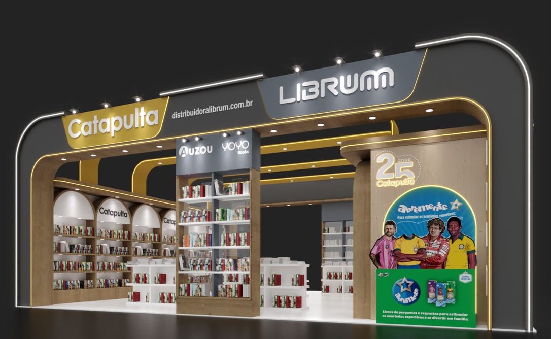 Estande da Librum na 28ª Bienal Internacional do Livro de São Paulo, com lançamentos e livros interativos da Catapulta para diferentes fases da infância