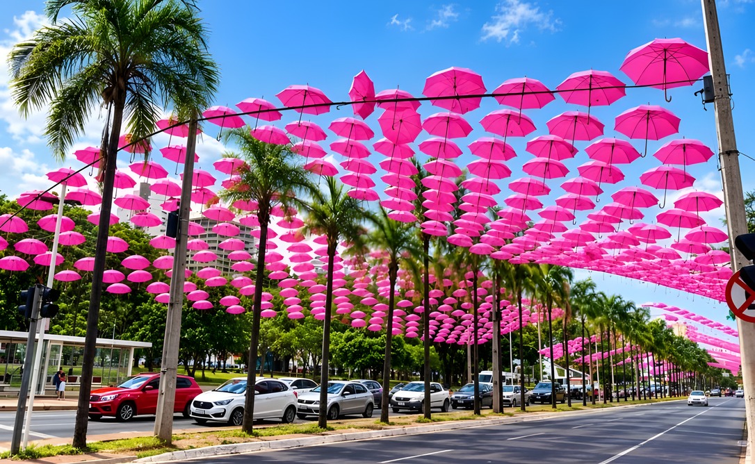Mais de 1,5 mil guarda - chuvas rosas transformam trecho da Praça Tamandaré em Goiânia.
